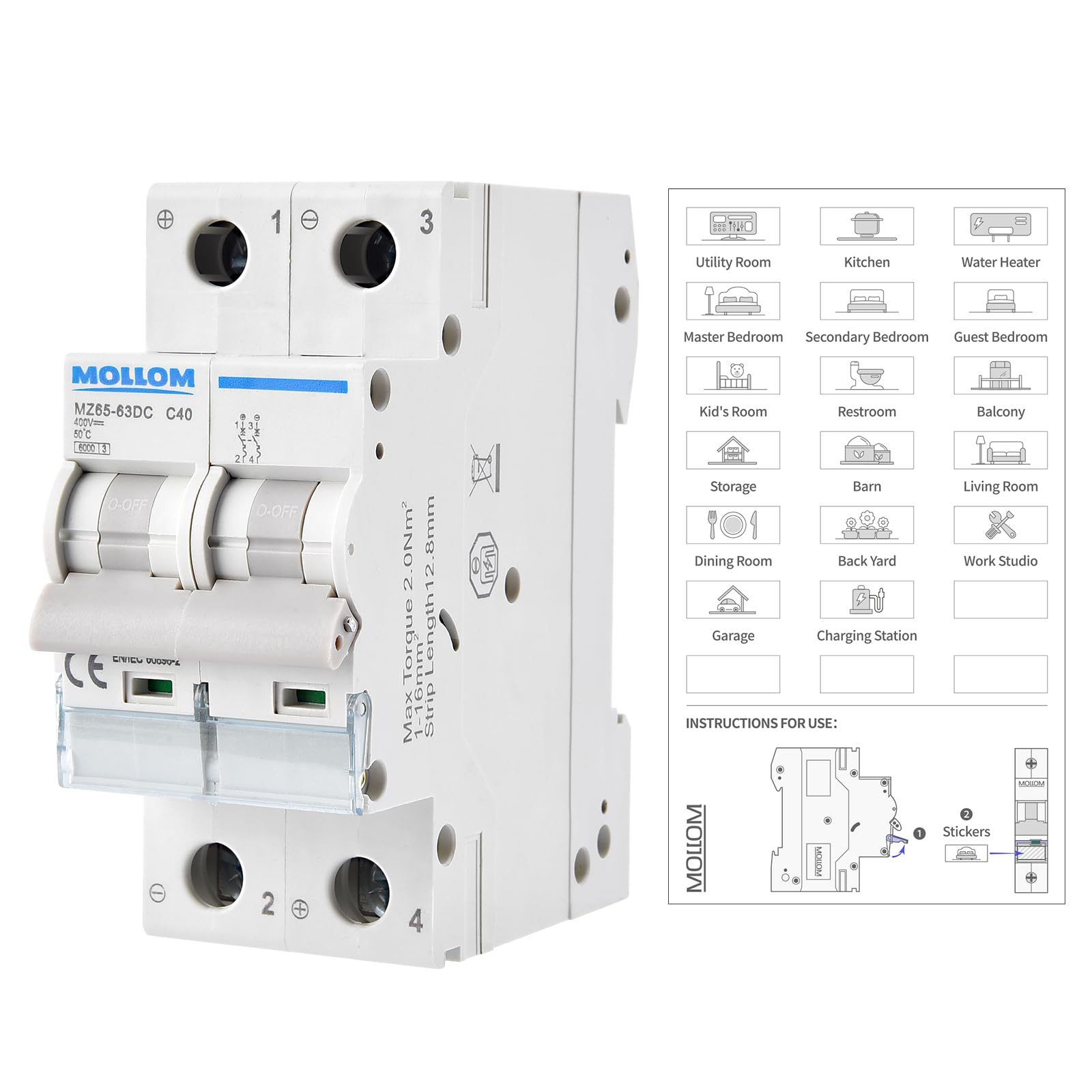 MOLLOM DC 2 Pole Miniature Circuit Breaker,400V 40A, C40 Scene Visualization Custom MCB Thermal Magnetic Trip, 6KA Breaking Capacity DC Disconnect Switch for Solar Photovoltaic System