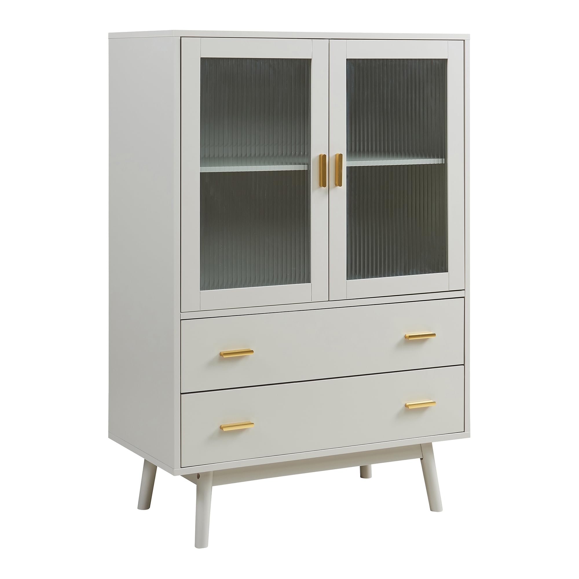 [en.casa] Credenza con Vetrina Armadietto con Ante in Vetro Scanalato e 2 Cassetti Madia per Cucina Soggiorno Sala Pranzo 120x80x40 cm Beige