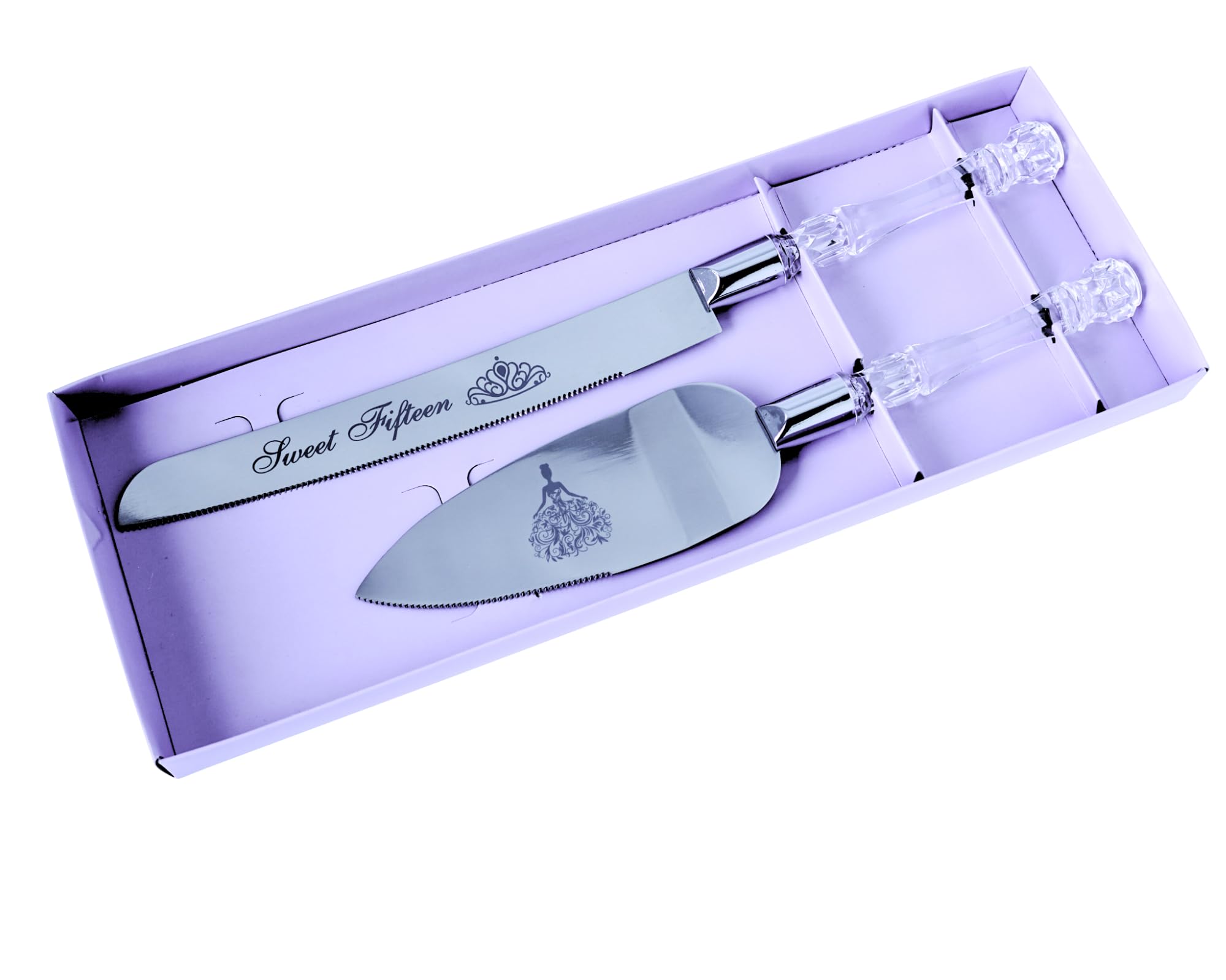 Sweet Fifteen 15 Quinceanera Cake Serving and Knife Set, Mis Quince Años Birthday Cake Cutting Set, Feliz 15 Anos Decoration, Acrylic Handle, Stainless Steel, Silver