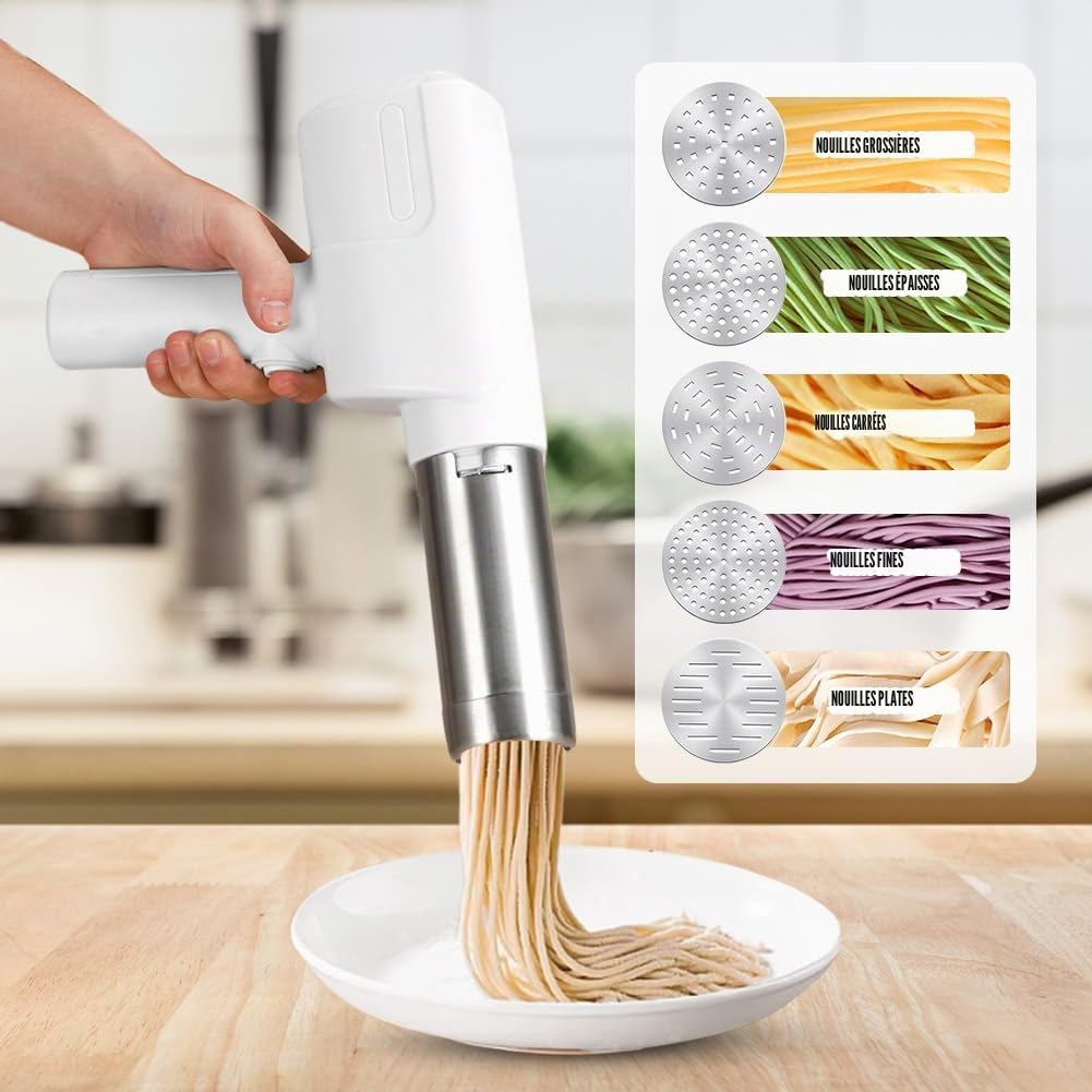 Machine à pâtes électrique portable manuelle, presse électrique portable de 2000 mAh, machine à pâtes automatique rechargeable avec 5 moules de presse pour nouilles faites maison/spaghetti/macaronis