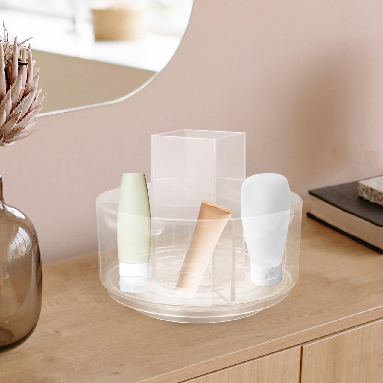 balacoo 360 Rotatable Desktop Cosmetics Rack Multi-Layer Makeup Organizer Storage Box for Vanity Bathroom Countertop Clear Cosmetic Display Holder 6.88X6.88X6.10In