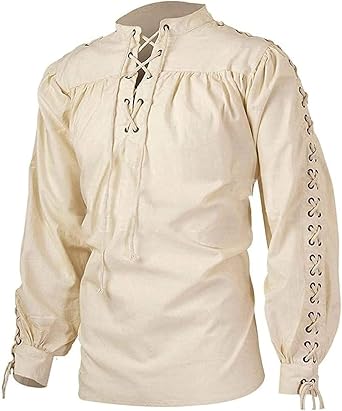 Mens Retro Loose Linen Pirate Shirt Renaissance Steampunk Viking Top Medieval Victorian Gothic Costume Halloween