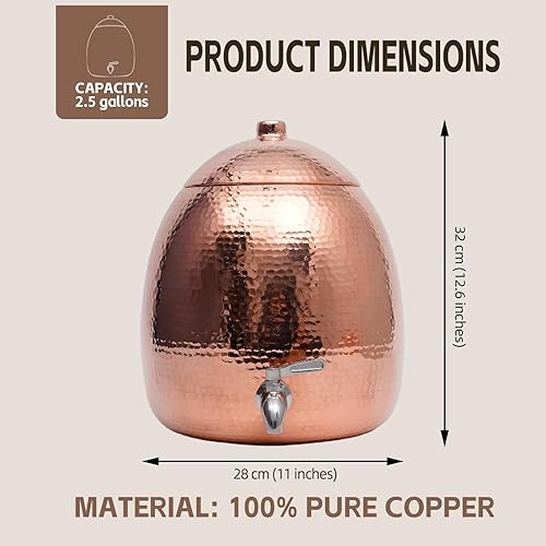 Miniatura 2 de Dispensador de agua de cobre 100% puro martillado a mano de 2.5 galones  Ayurvedicsin recubrimiento artesanal hecho a mano, pulido espejo para uso