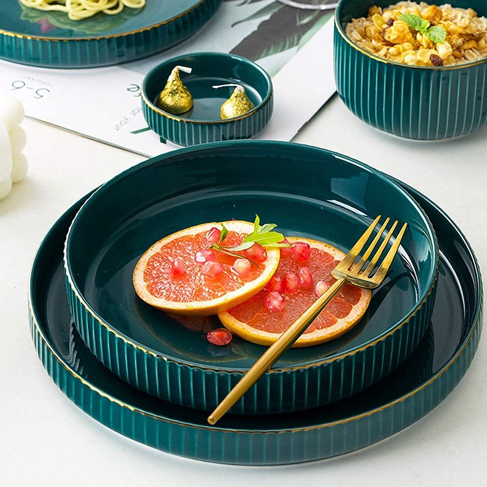Juego de vajilla para el hogar o Restaurante Especial, Juegos de Cena de cerámica, tazón/Plato/Cuchara|Juego de vajilla con patrón de Borde de Oro Verde Juego de combinación de Porcelana de