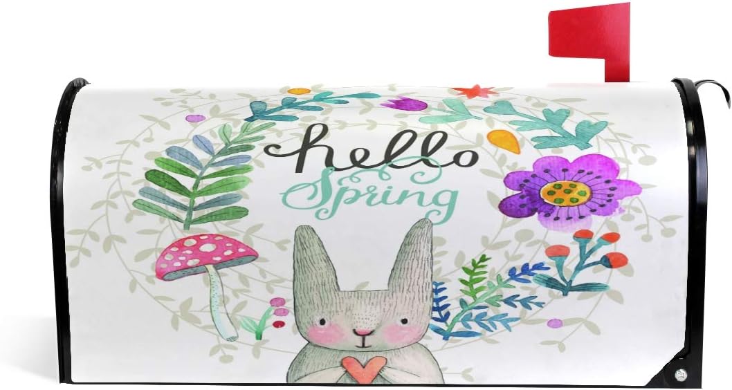 WOOR Hello Spring Cute Rabbit with Flowers Easter Magnetic Mailbox Cover MailWraps Garden Yard Home Decor for Outdoor Standard Size-18"x 20.8"