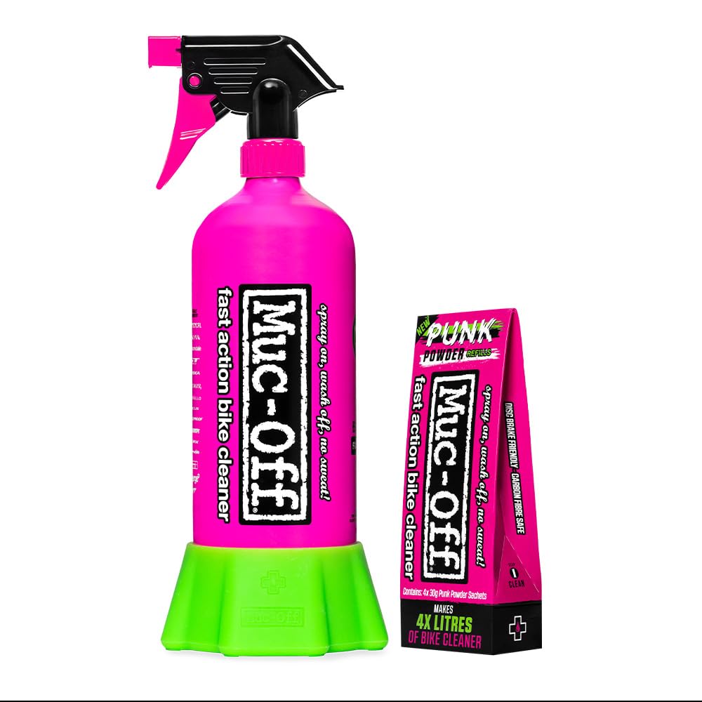 Muc-Off Punk Powder & Bottle for Life Bundel – 4 Packungen Biologisch Abbaubares, Plastikfreies Fahrradreinigerpulver mit Wiederverwendbarer Aluminium-Nachfüllflasche