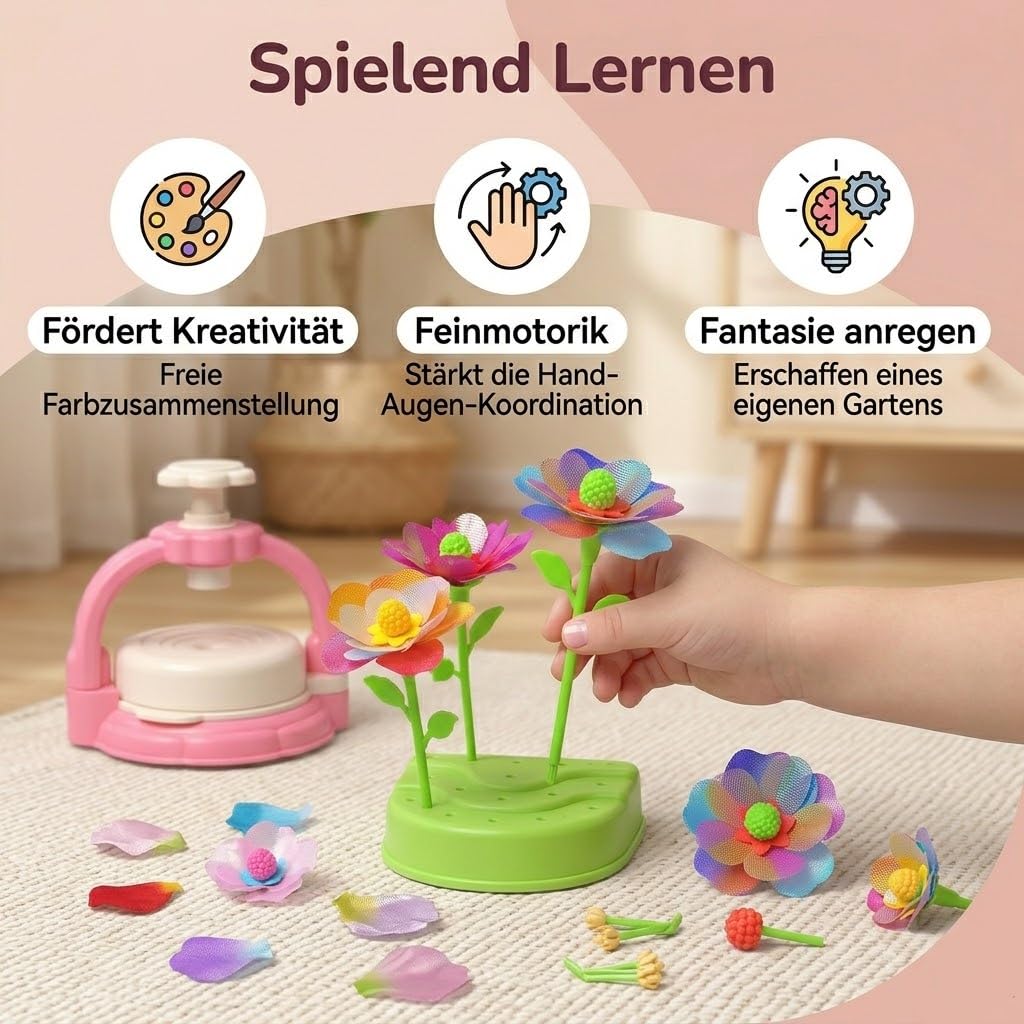 Blumenpresse Kinder mit doppelt so viel Zubehör, Geschenk Mädchen ab 4 5 6 Jahre, DIY Blumen Basteln für Haarreif Armband Ring,Blumenpresse Kinder