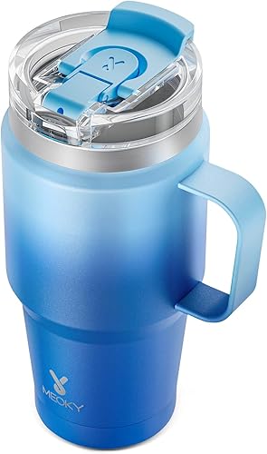 Miniatura 37 de Meoky Vaso de 32 onzas con asa, vaso aislado con tapa y popote, taza de viaje de acero inoxidable, 100% a prueba de fugas, mantiene el frío durante