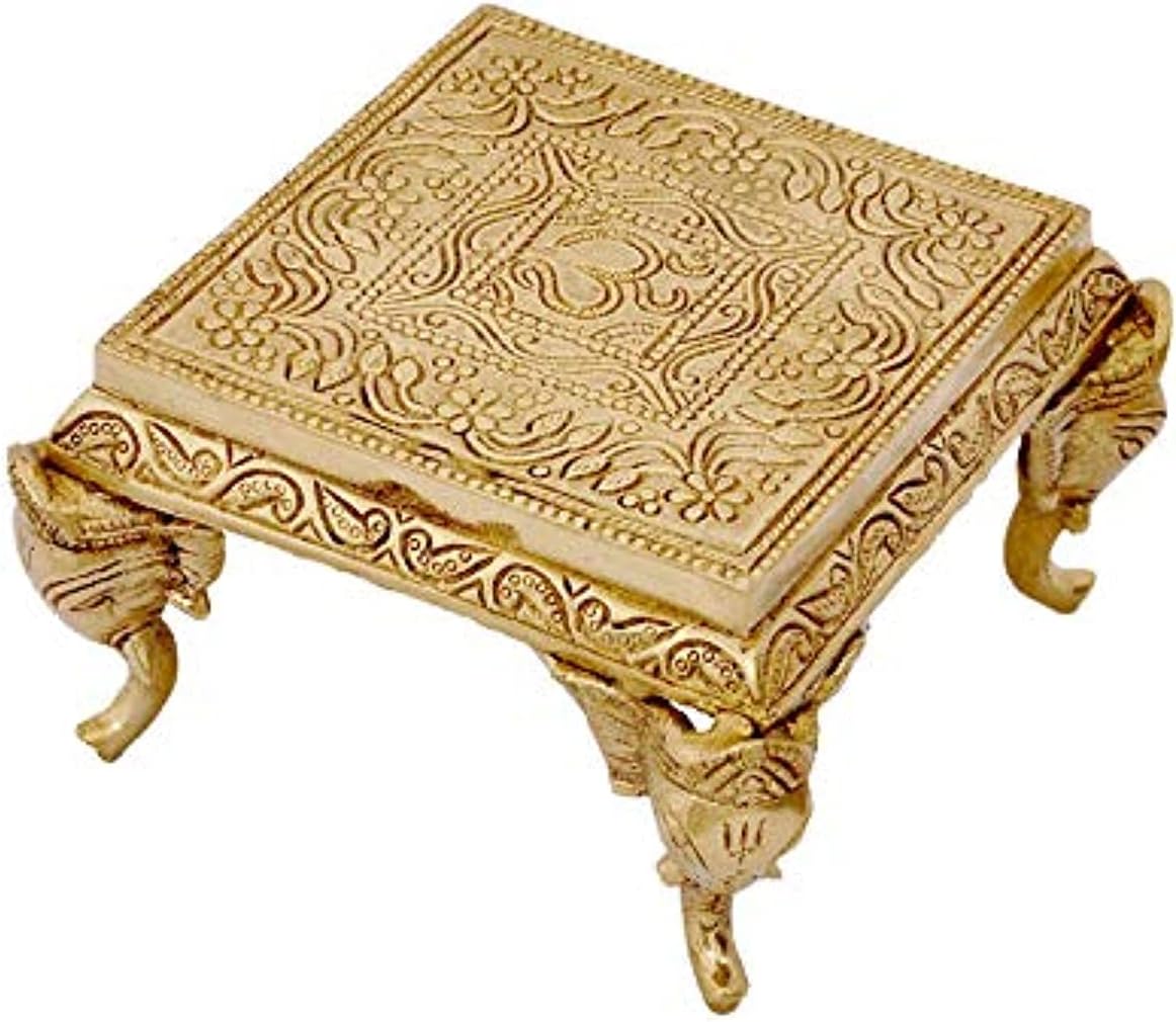 SKEYAA Crafts Square Hand Carved OM Design Brass Chowki for Home Decor, Home Temple, Pooja, Living Room, and Festival