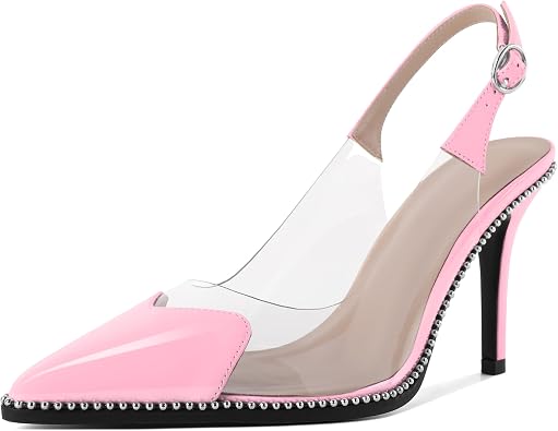Zamikoo Women Sling Back Heels Pointed Toe Slip On Beaded Clear Transparent Heart Pattern High Heel Stilettos