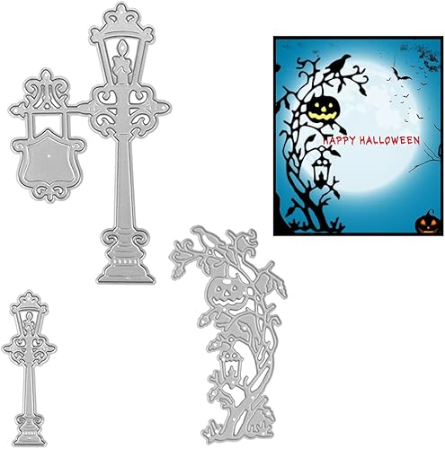 Miniatura 7 de Troquelado de metal para Halloween, lámpara de carretera, troqueles de corte de árbol de calabaza, plantilla de plantilla para hacer tarjetas,