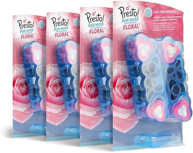 Amazon Brand - Presto! WC Toilet 6-in-1 (Blue Water) Rim Block, Floral, 8 Count (4 Packs of 2)