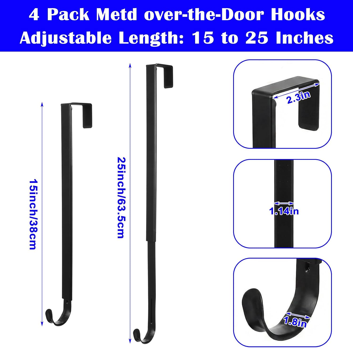 Kenaoeoe Adjustable Wreath Hanger Over The Door Wreath Hanger 4 Pack Heavy Duty Long Over The Door Hooks 15-25 Inch for Towels Coats Hats Bags No Drill Installation