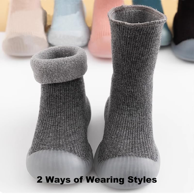 2 Pairs Baby Sock Shoes Toddler Warm Fuzzy Thick First Walking Shoes Baby Boys Girls Slip-on Slippers Soft Rubber Sole Sneakers4