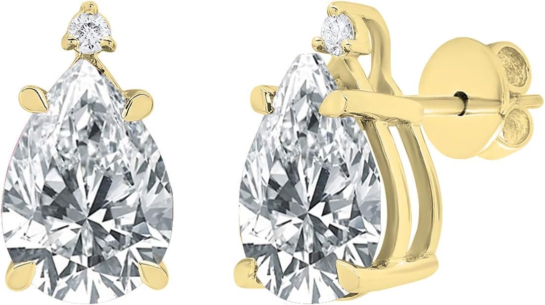 10X7mm Each Pear Lab Created Gemstone and Round Natural Diamond Women Teardrop Stud Earrings, 10K Real Solid Gold