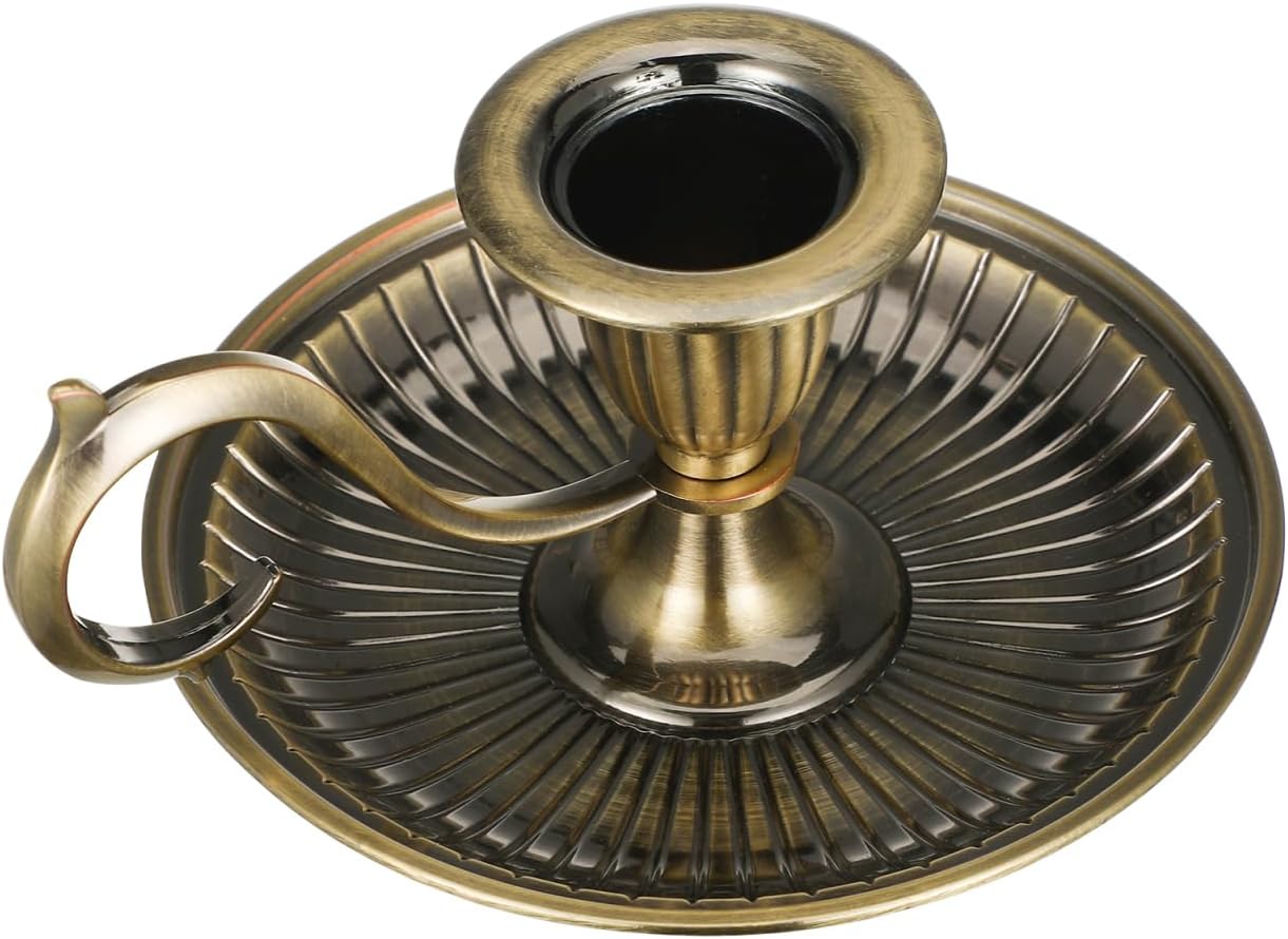HOMSFOU Retro Taper Candle Holder with Handle Vintage Zinc Alloy Candlestick Tabletop Decor for Party Wedding Christmas 4.52X4.52X2.55 Inch