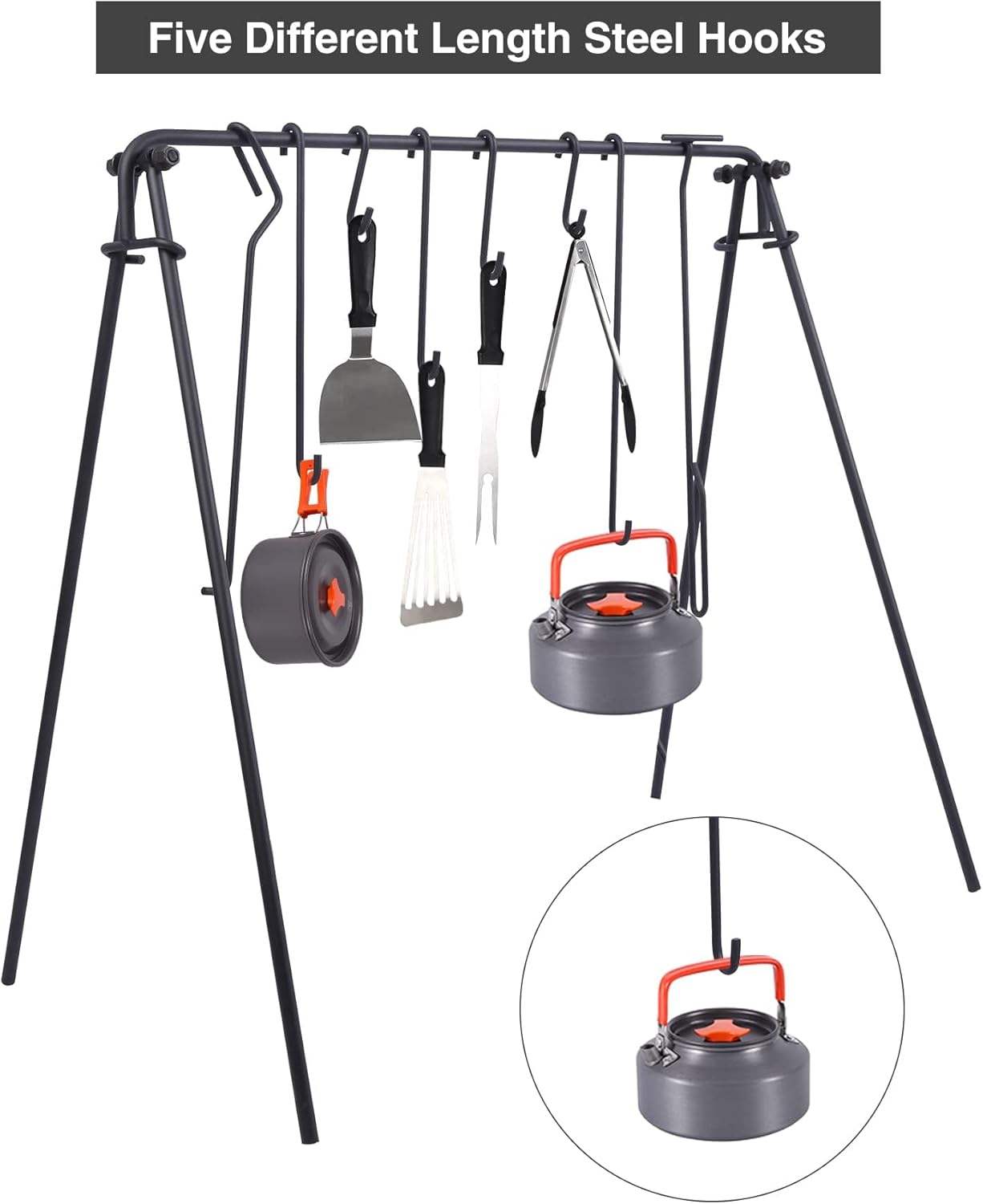 Lineslife Grill Swing Hanging Campfire Cooking Stand with Adjustable Iron Grill Grate, Collapsible Campfire Cooking Rack with Hooks and Accessories for BBQ Picnic, Outdoor Camping Cookware, Dutch Oven