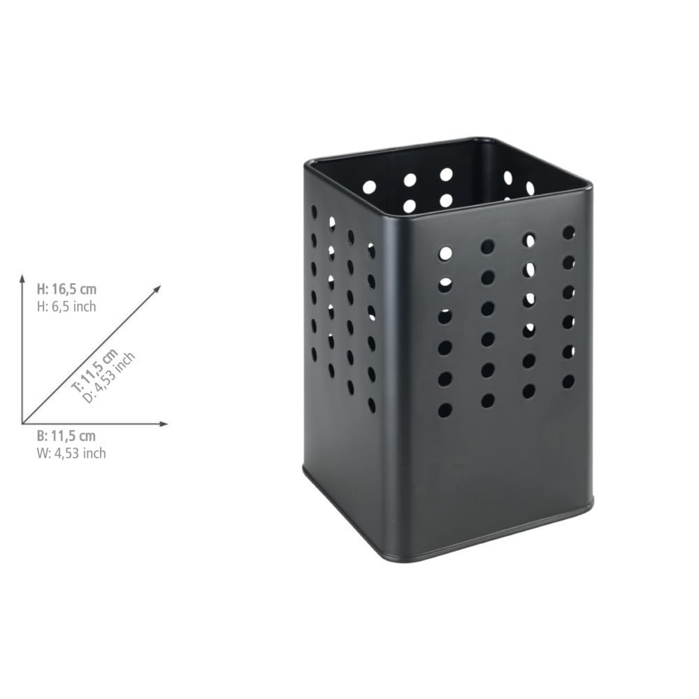 WENKO Portautensili Silio, supporto pratico per utensili da cucina realizzato in metallo verniciato a polvere, forma squadrata con fori, (L x A x P): 11,5 x 16,5 x 11,5 cm, nero opaco