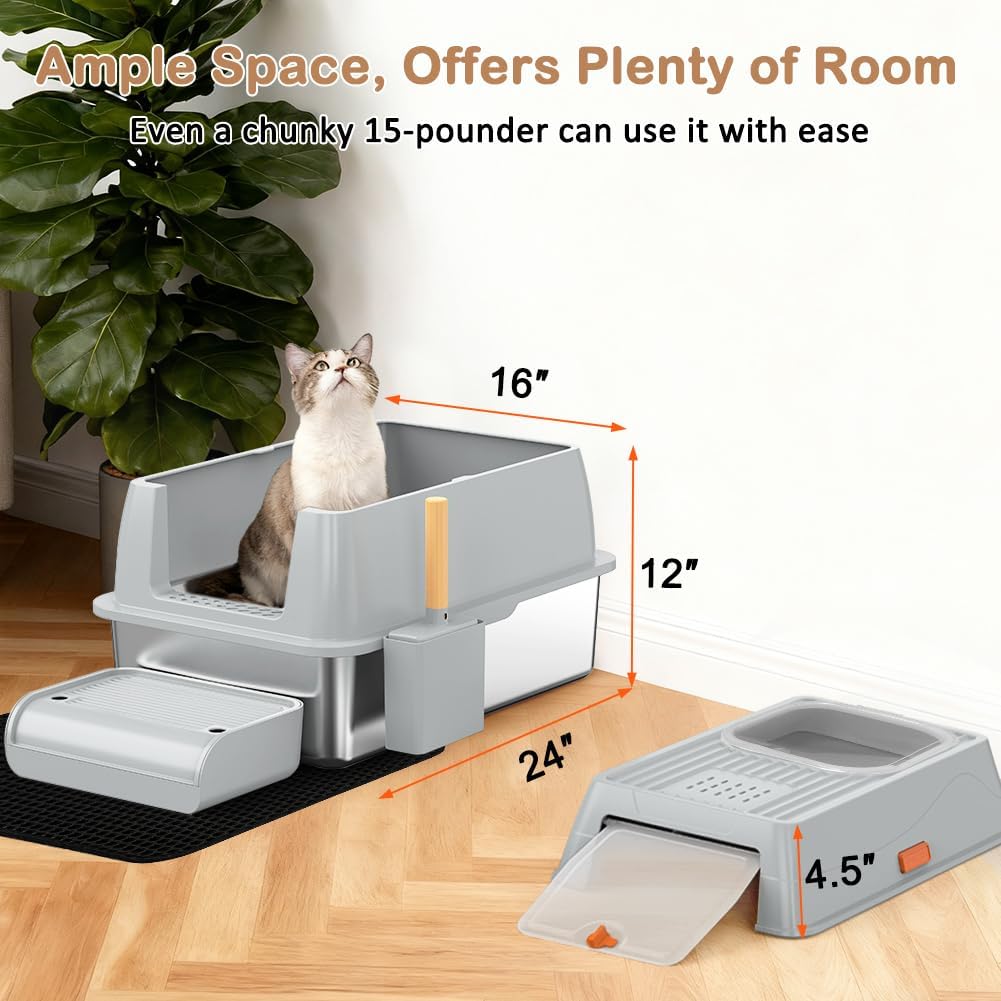szee xl stainless steel litter box, top exit design, non stick, no smell, easy cleaning, activated charcoal odor control design, half/fully enclosed design, footboard, trapping mat & scoop included gray