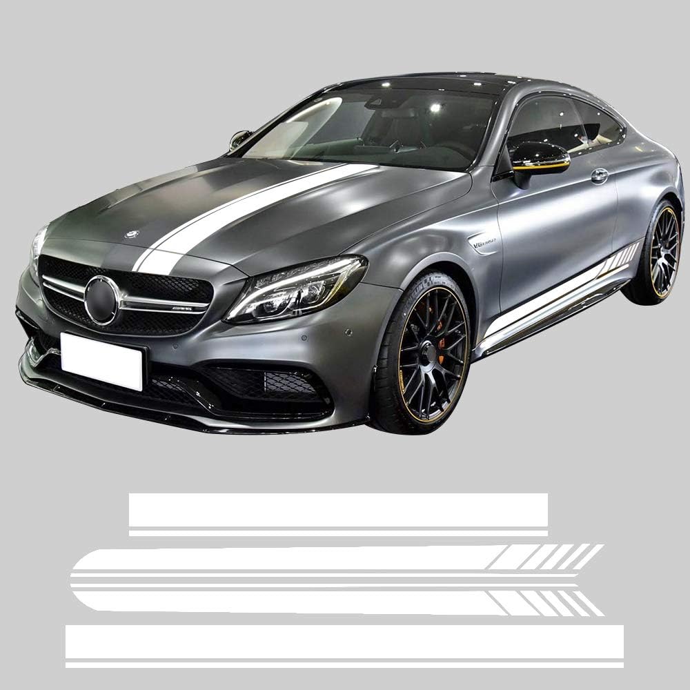 Edition 1 Side Skirt Hood Roof Racing Stripe Yellow/Black/5D Carbon Vinyl Decals for Mercedes Benz C63 Coupe W205 AMG C200 C250 (Gloss White Set)