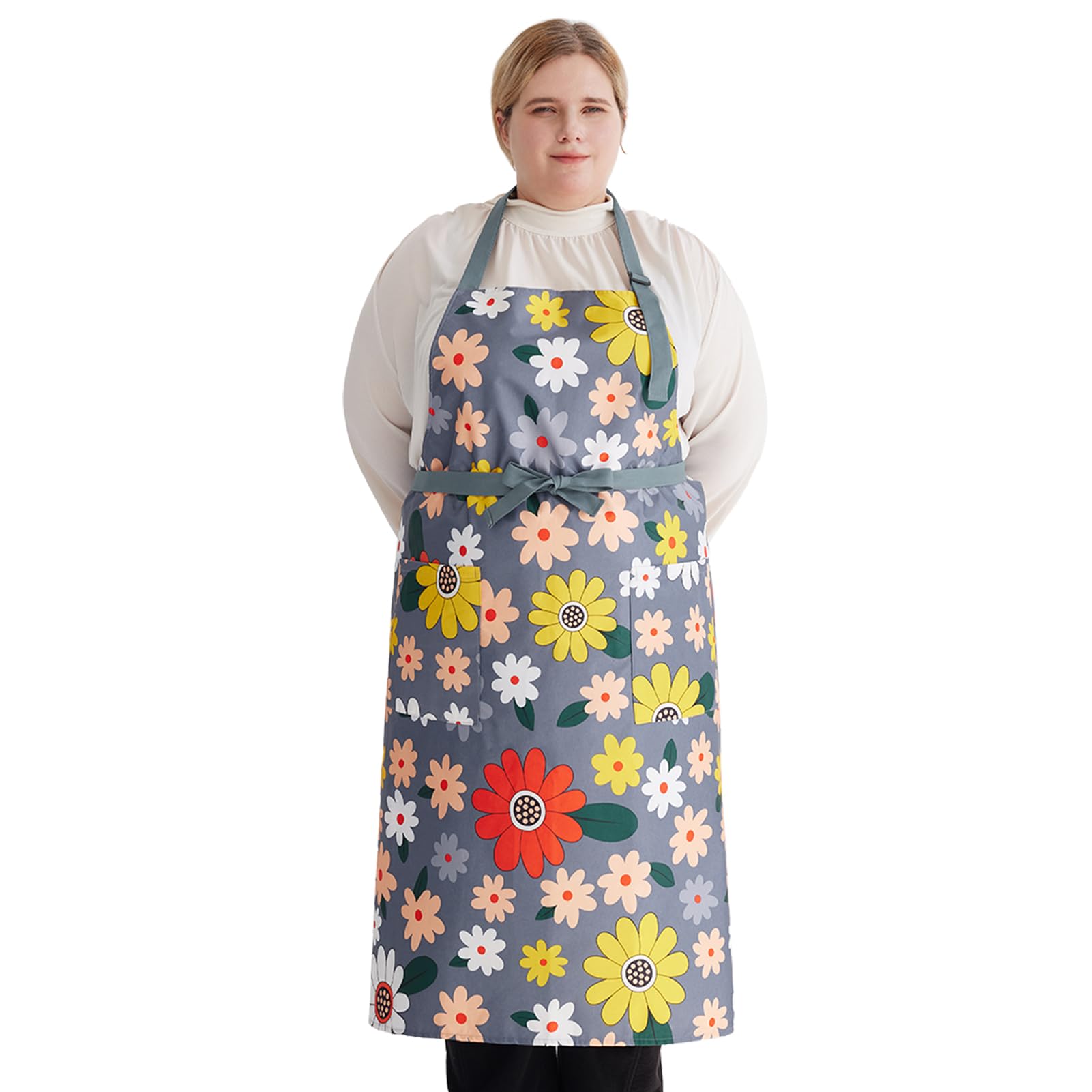 Plus Size Aprons for Women, Floral Apron with Pockets Adjustable Blooming Waterproof Cooking Aprons Cotton Chef Aprons for Kitchen, Cooking, Baking, Gardening (39x39 inch)
