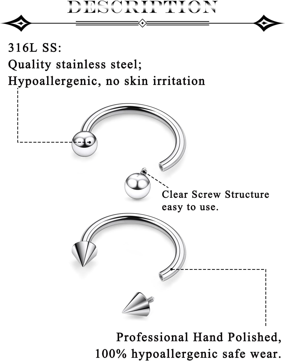 18G 16G 14G Internally Threaded Surgical Steel Nose Septum Horseshoe Hoop Earring Eyebrow Tragus Helix Lip Rings Smiley Piercing Jewelry - Image 3