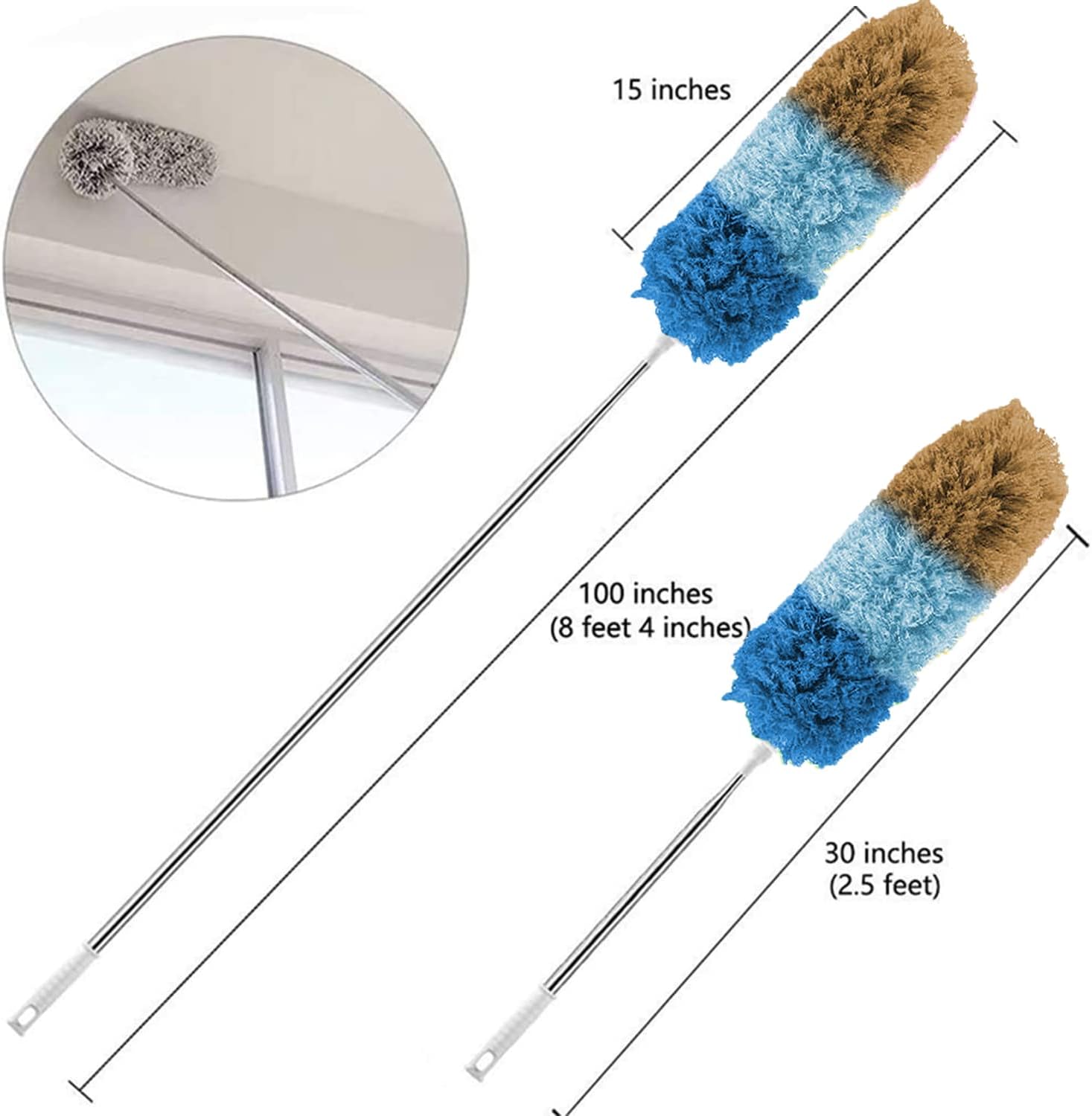 GERUI Microfiber Dusters for Cleaning with 100 inches Extra Long Pole(Stainless Steel), Bendable, Washable, Lint Free Duster for Cleaning Ceiling Fan, Furniture, Cobweb, Car, Computer