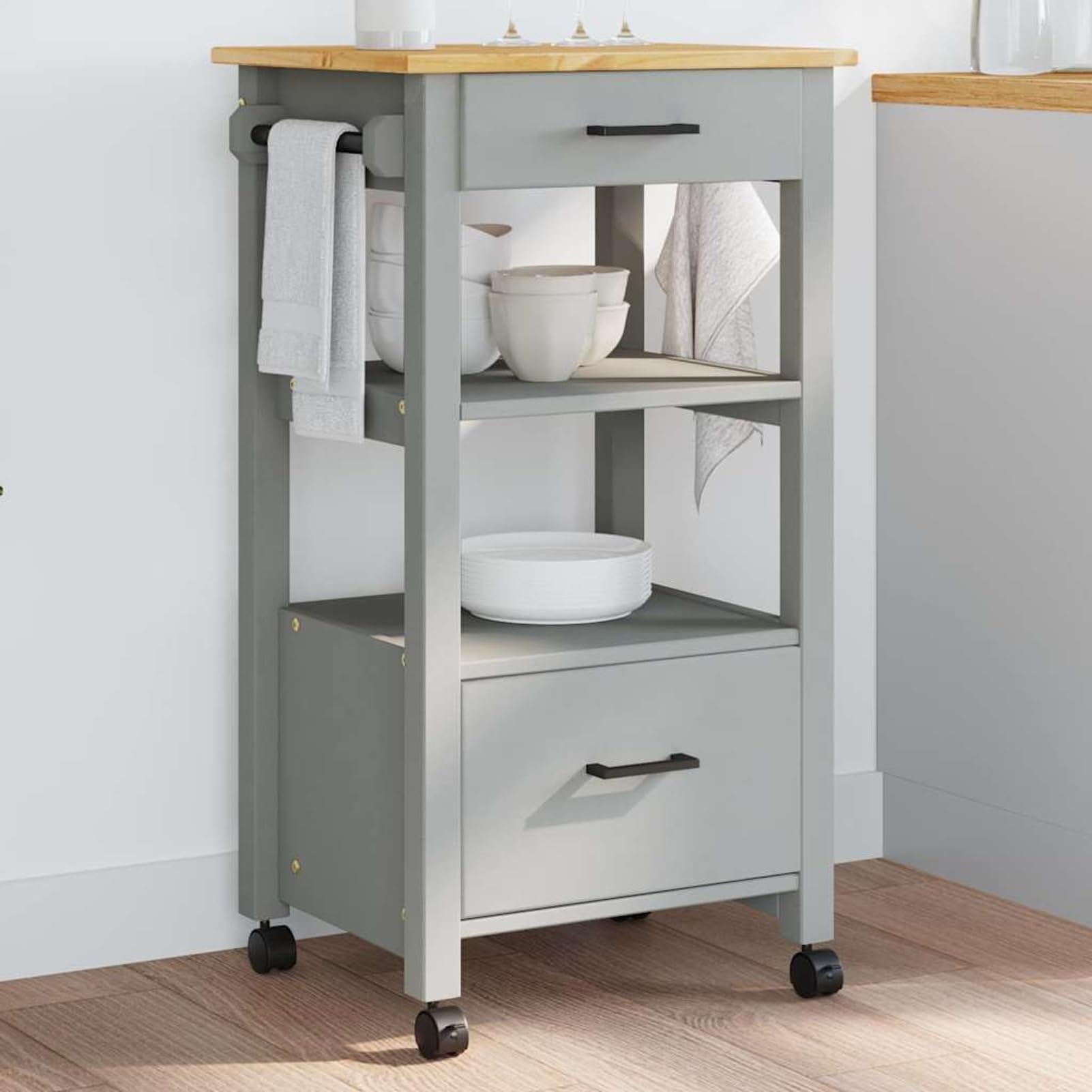 Carrello da Cucina Monza 48x40x88,5 cm in Legno Massello di Pino