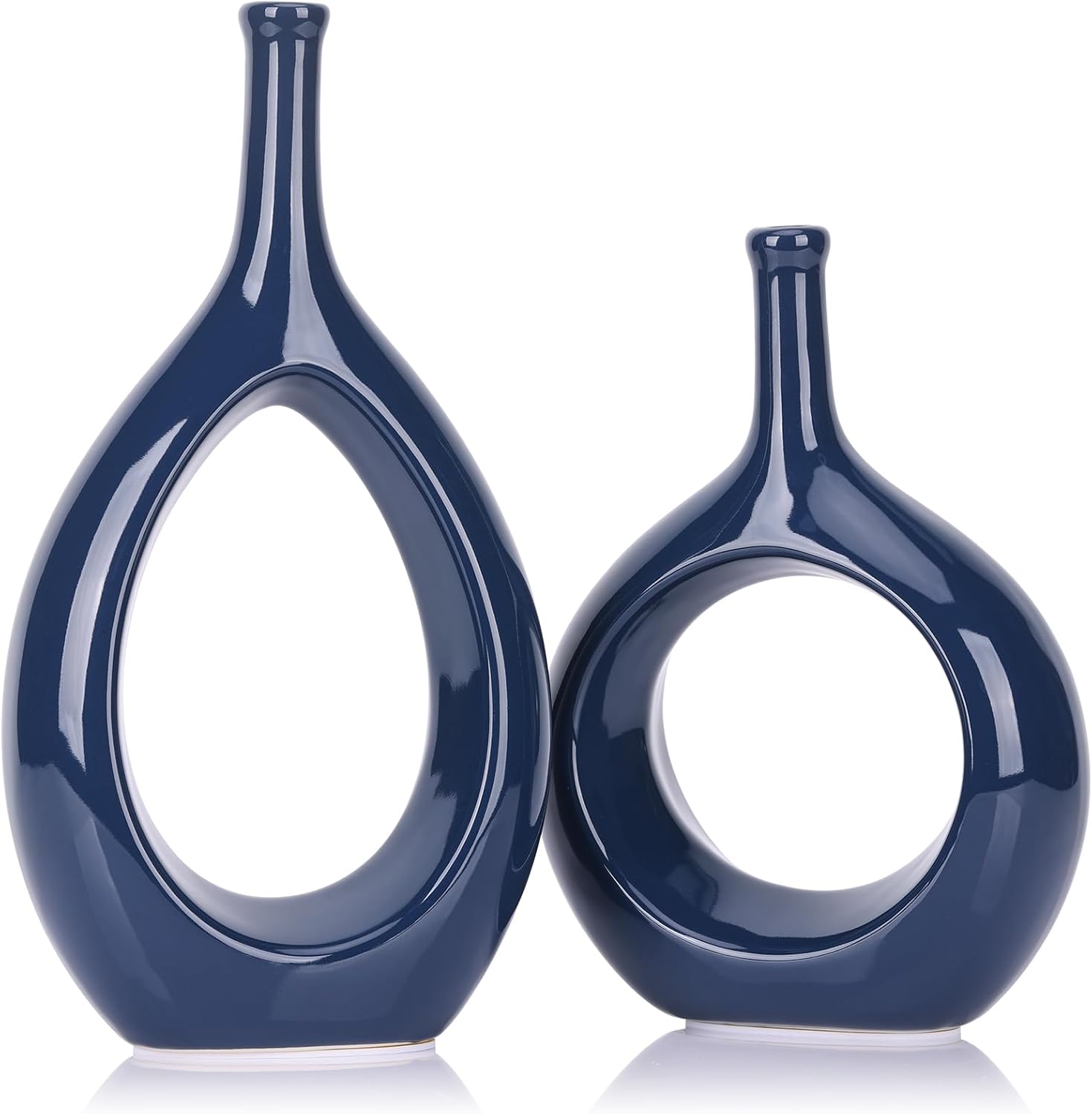 Navy Blue Decor Vase Set of 2 Glossy Blue Ceramic Hollow