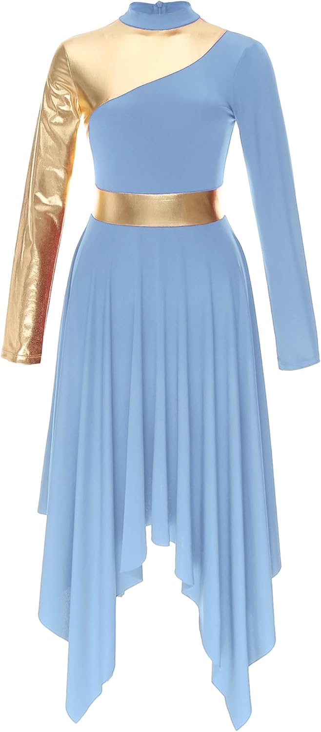 Womens Color Block Praise Liturgical Dancewear Tunic Irregular Hem Lyrical Dance Dress