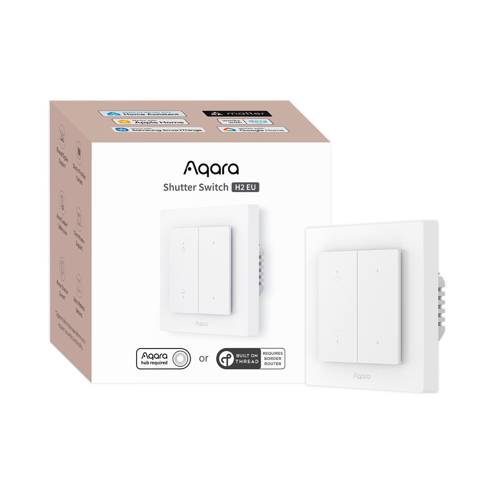 Aqara Interruptor de Obturador H2 EU (Requiere Cable Neutro) - Thread/Zigbee, para Persianas Enrollables/Toldos,2 Botones Inalámbricos Adicionales, Compatible con Apple Home, Alexa, Home Assistant