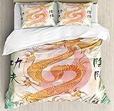 Ambesonne Dragon Duvet Cover Set, Chinese Concept Artwork of Martial Arts Themed Japanese Samurai Yin Yang Colorful Art, Decorative 3 Piece Bedding Set with 2 Pillow Shams, Queen Size, Orange Seafoam