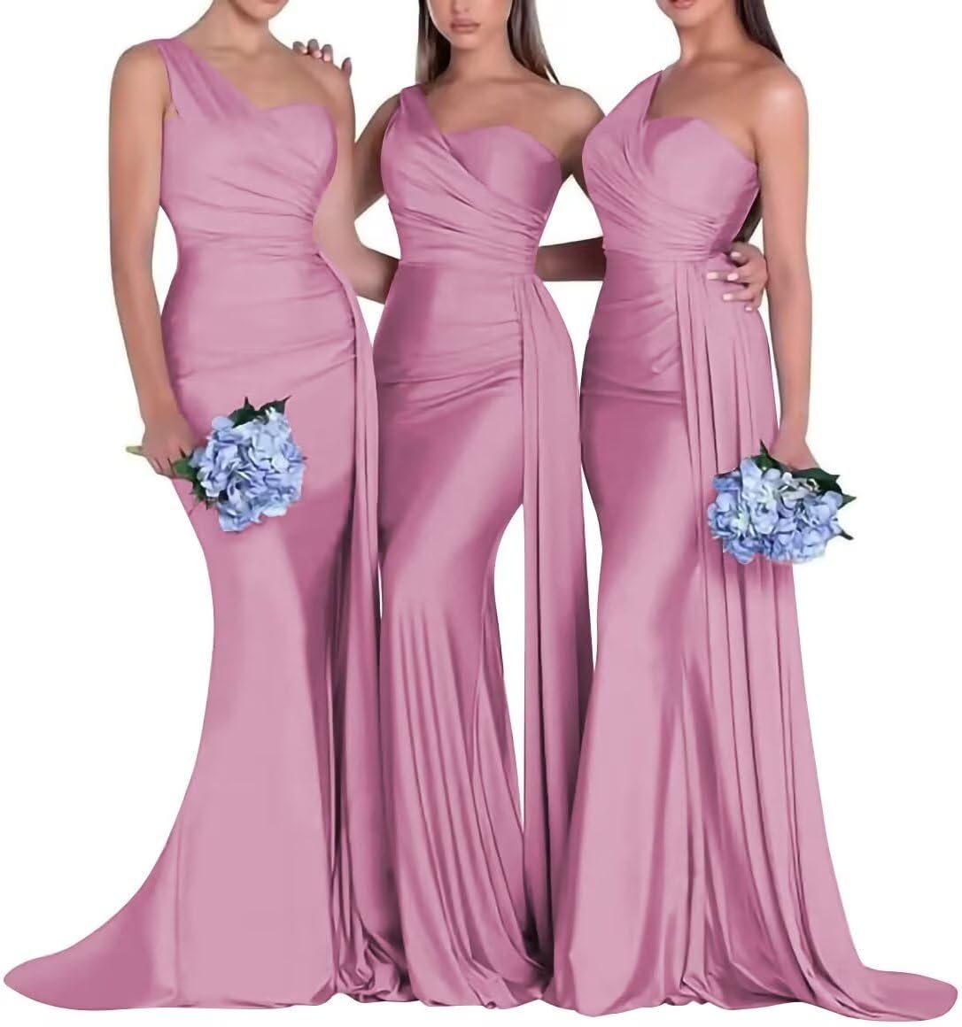 Women's One Shoulder Bridesmaid Dresses for Wedding Mermaid Long Satin Prom Dresses for Women