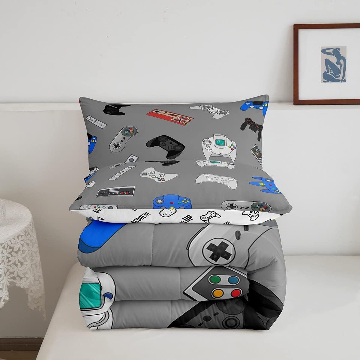 Feelyou Video Game Comforter Set Console Gamer Gray Bedding Set for Kids Boys Girls Various Gamepad Comforter Modern Game Controller Decor Quilt Set Bedroom Collection 2Pcs Twin Size,Reversible