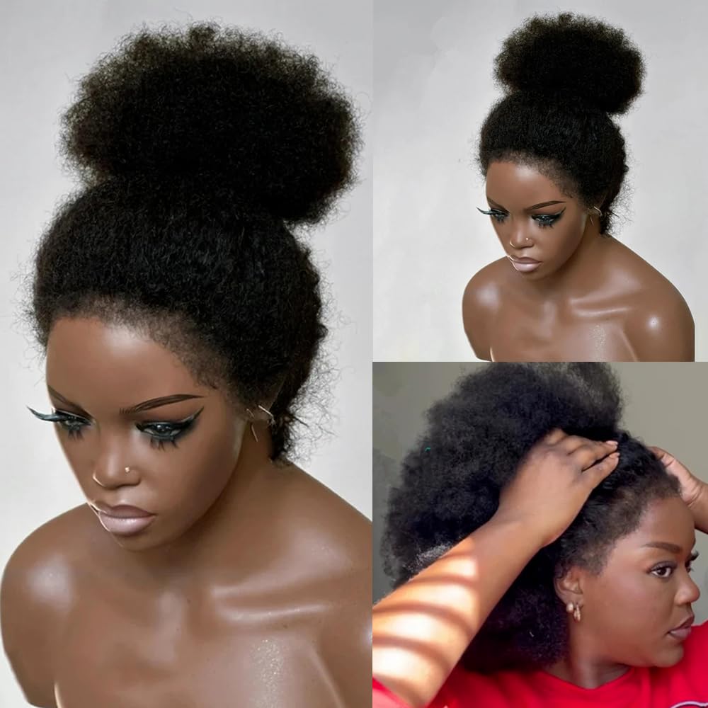 4C Kinky Edges Afro Curly Human Hair Wigs HD Invisible 360 Full Lace Frontal Wig Pre Plucked 14Inch Glueless Mongolian Curly Human Hair Wigs with Curly Baby Hair Bleached Knots 150% Density