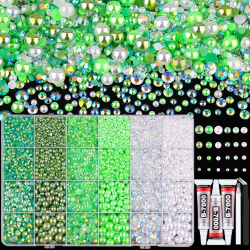 14000PCS Flatback Pearls and Green Rhinestones for Bedazzling Kit, Green 3-10mm Resin Rhinestones and Half Pearls for Crafting, Nail Art Crafts Decor with 3pcs B7000 Jewelry Glue