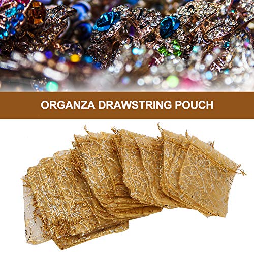 YUYTE Woreczek, Prezent z Organzy 100 szt. Złoty Woreczek ze Sznurkiem z Organzy 9 X 12 Cm Wielofunkcyjny Worek do Przechowywania Biżuterii na Prezenty na Wesela, Przyjęcia, Rękodzieło i Nie Tylko