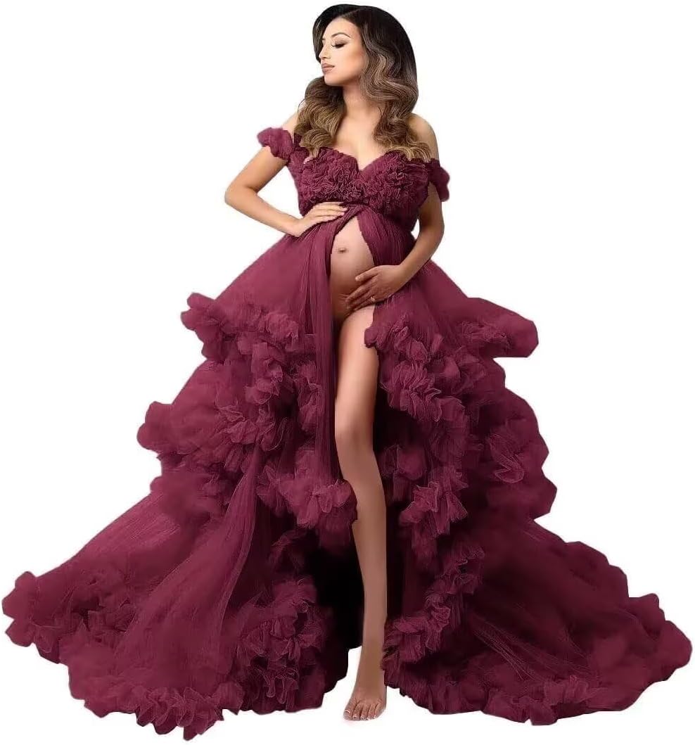 Tulle Off Shoulder Maternity Dresses for Photoshoot Puffy Ruffles Babyshower Gown Long for Women 2026