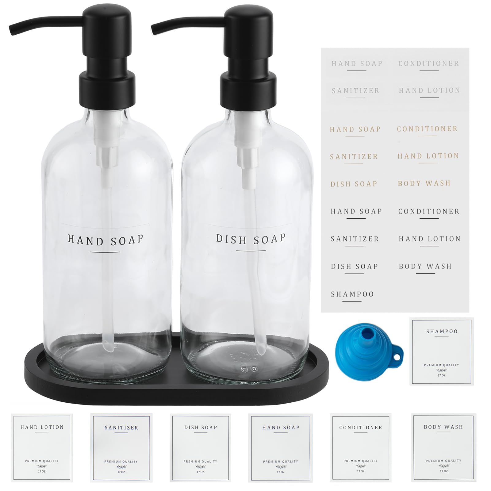 Glass Soap Dispenser - Dish Hand Soap Dispenser for Kitchen, Bathroom Soap Lotion Dispenser with 304 Rust Proof Pump, Tray, Clear Bottle/Black Pump