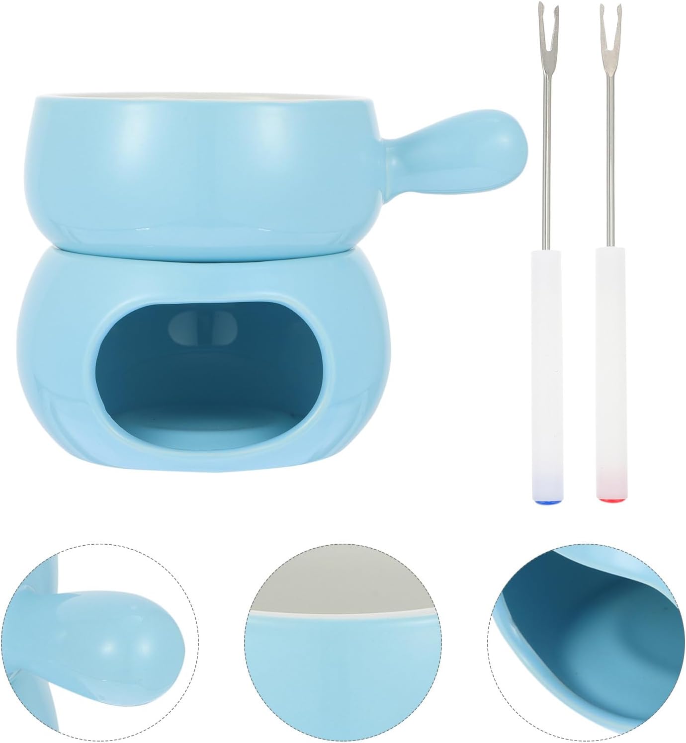 SOLUSTRE Ceramic Chocolate Fondue Pot and Ice Cream Melting Pot Set with Handle Blue Stand 2 Forks Household Butter Warmer for Kitchen and Party Use Random Color Random Color