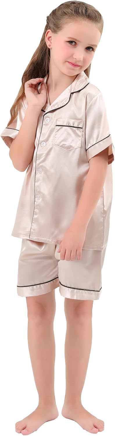 Pajama Set for Kid Boy Girl Button-up Silk Pajama Sleepwear Nightwear Loungewear Set Gifts Short Sleeve Loungewear - Image 4