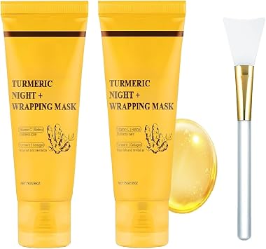 2 Pcs Turmeric Collagen Night Wrap Masks Deep Nutrition Moisturizing Skin Tightening Bio-Peel Off Sleeping Mask 2 Pack with Brush