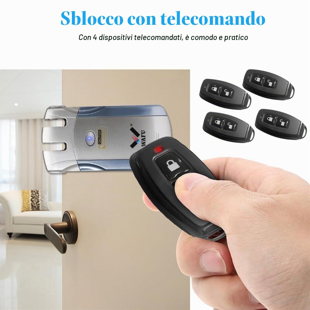WF-018 Serratura di sicurezza con telecomando senza fili Serratura intelligente invisibile senza chiave in lega di zinco con 4 chiavi remote Sistema di controllo accessi per ufficio, casa, villa
