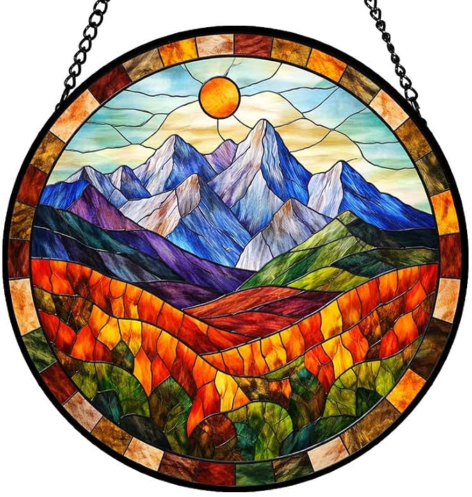 Stained Glass Window Hanging 9.8in - Mountain Landscape Colorful Suncatcher Panel for Windows Decor for Home, Garden, Patio, Living Room, Meaningful Gift for Women, Mom, Wife or Girlfriend
