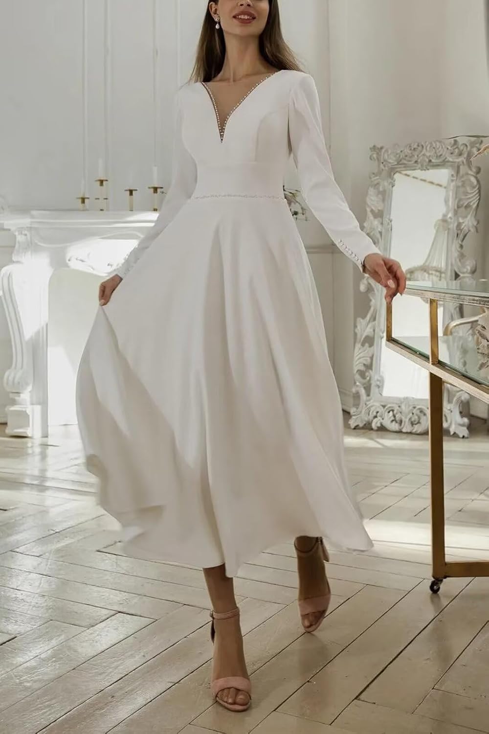 Women's Tea Length Wedding Dresses for Bride Satin Simple A Line Midi Formal Bridal Dress with Sleeves