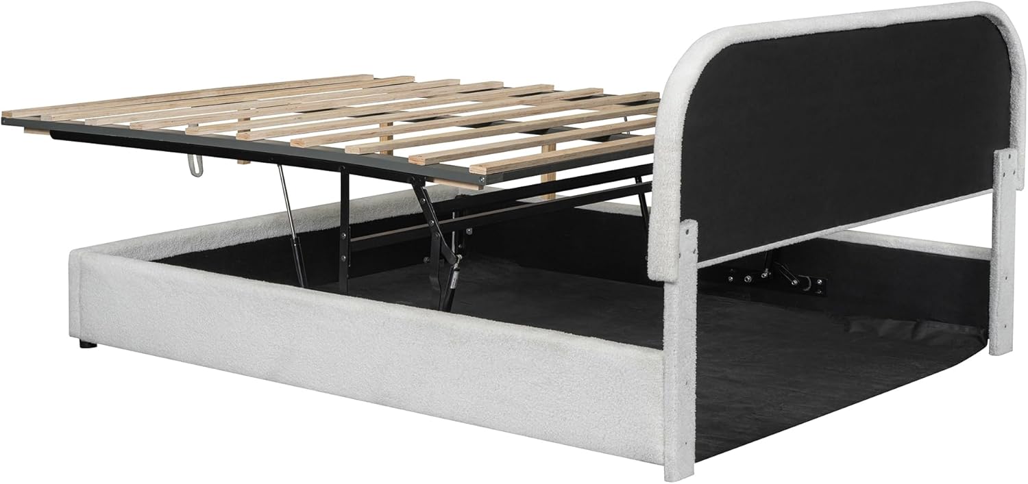 Upholstered Platform Grounded Bed with Hydraulic Storage System, Queen Size Wood Bed Frame with Curved Shaped Headboard for Kids Adults Bedroom Furniture, Teddy Fleece Thicker Upholstered Bed (White)