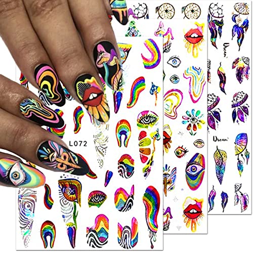 6 Sheets Aurora Nail Art Stickers 3D Self Adhesive Holographic Iridescent Nail Decals Colorful Eye Mushroom Lip Feather Nail Design Accessories Laser Nail Stickers For Women Diy Acrylic Nail Decor #TOP8