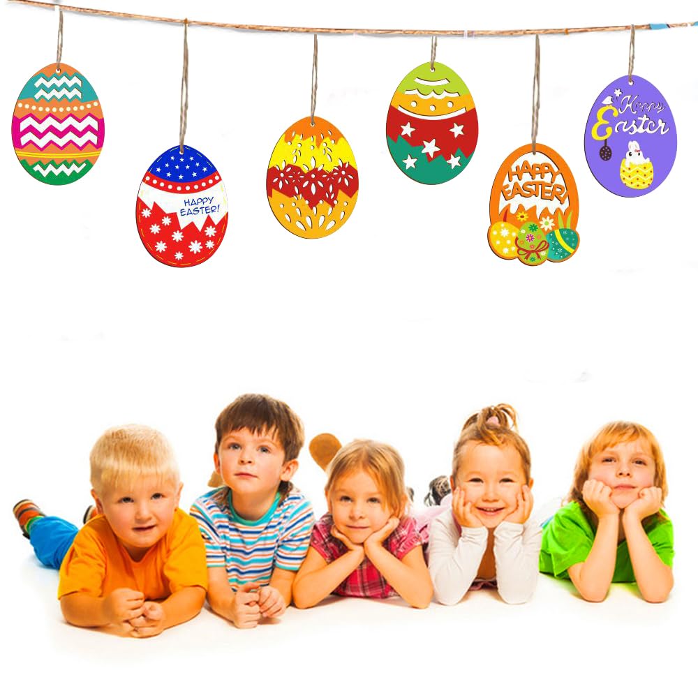 40 Uova Di Legno Da Decorare Per Pasqua, Con Cordini E Pennarelli, Kit Creativo Per Bambini 8x6 Cm - 4