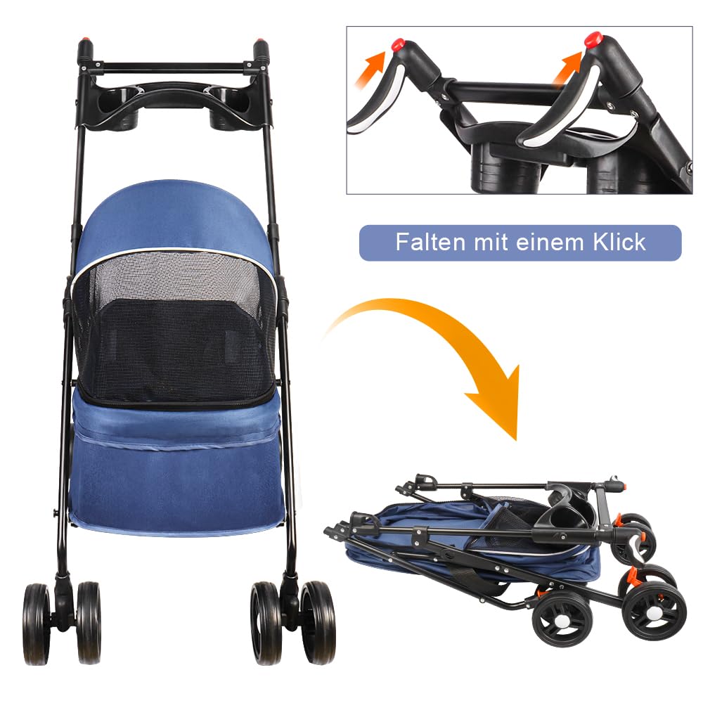 XANNI Passeggino pieghevole per cane gatto, passeggino gatto con portabicchiere, ruota con freno, capacità di carico 20 kg, per cani e gatti piccoli, 50 x 70 x 95 cm (blu)
