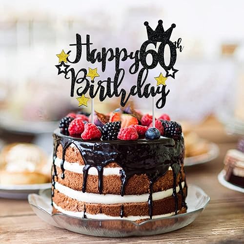 Miniatura 5 de Decoración para tartas de feliz 60 cumpleaños, estrella negra con purpurina 60 y fabulosa selección para pastel de cumpleaños 60, aniversario,